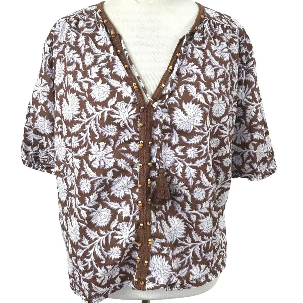 Old Navy Floral Boho Blouse Large Brown Lavender Beaded Tassel Tie Cotton Top